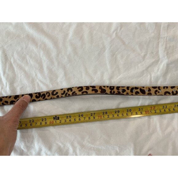 Leather & Calf Hair Belt Brass Leopard Print Buckle Tan Brown Sz S main image 4